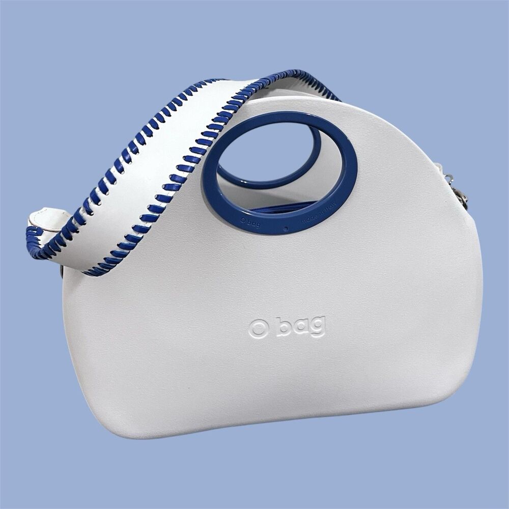 O bag Classic White Shell Blue Handles Liner Whipstitch Strap Modular Italy